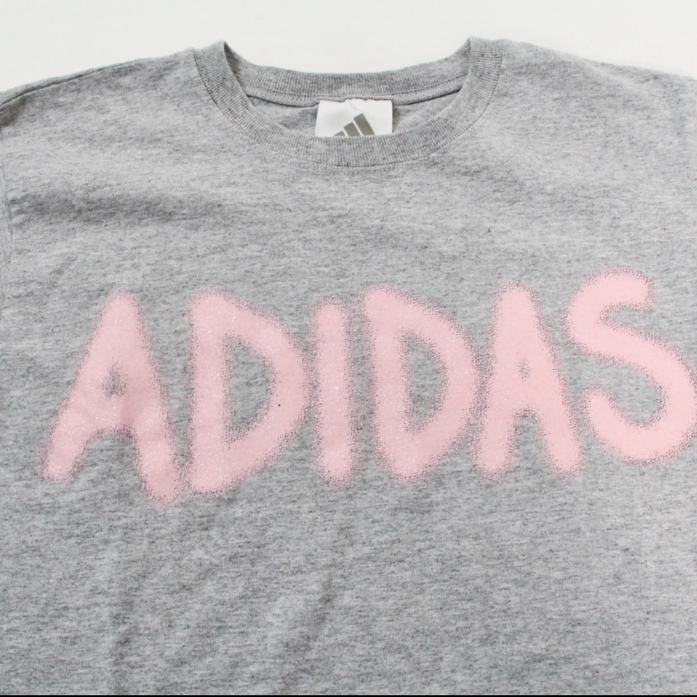 ADIDAS Spellout Logo Heather Gray Womans Short Sleeve Tshirt, Adidas Log…